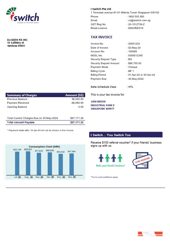 Singapore I Switch electricity business utility bill template in Word and PDF formats